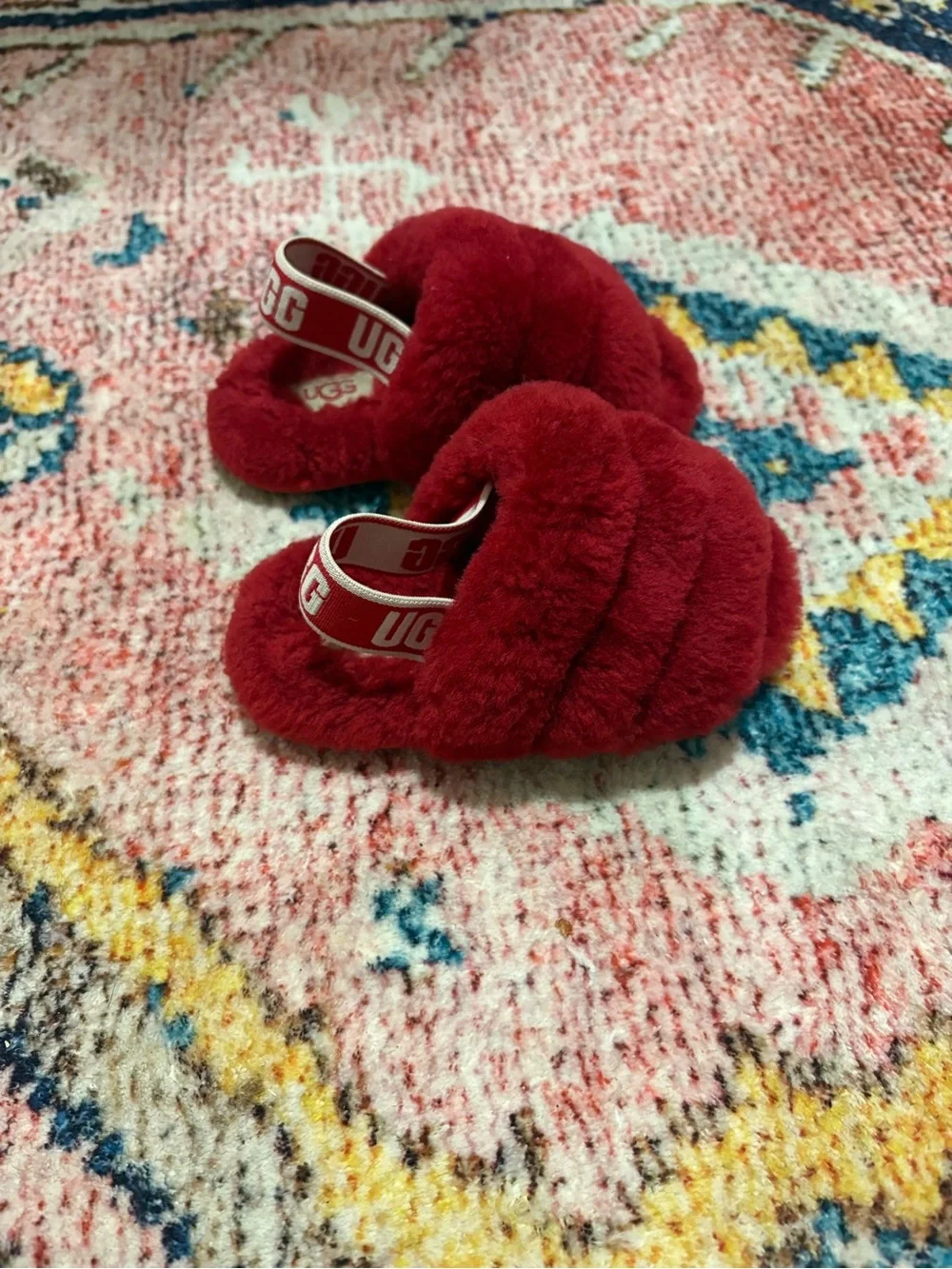 UGG Red Plush Fur Slide Sandals with Branded Strap